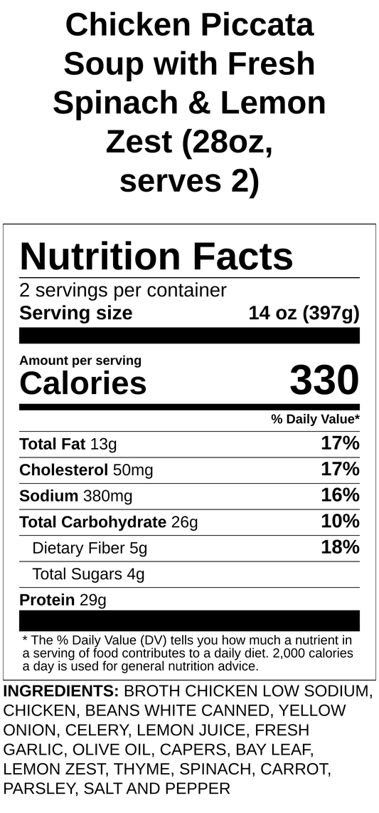 Chicken Piccata Soup with Fresh Spinach & Lemon Zest (28oz, serves 2)