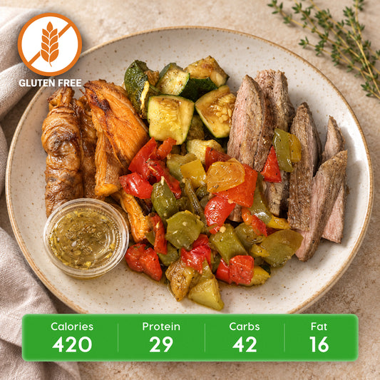Argentinian Chimichurri Flank Steak with Roasted Sweet Potato & Vegetables