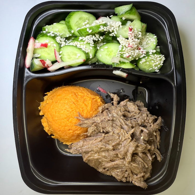 Asian Braised Beef with Sweet Potato Wedges & Cucumber Radish Salad