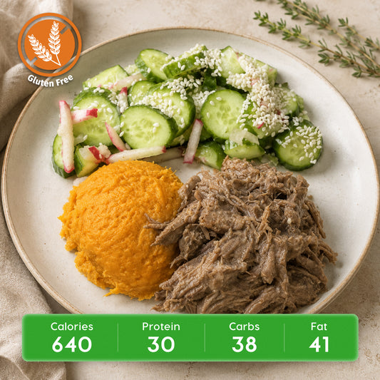 Asian Braised Beef with Sweet Potato Wedges & Cucumber Radish Salad