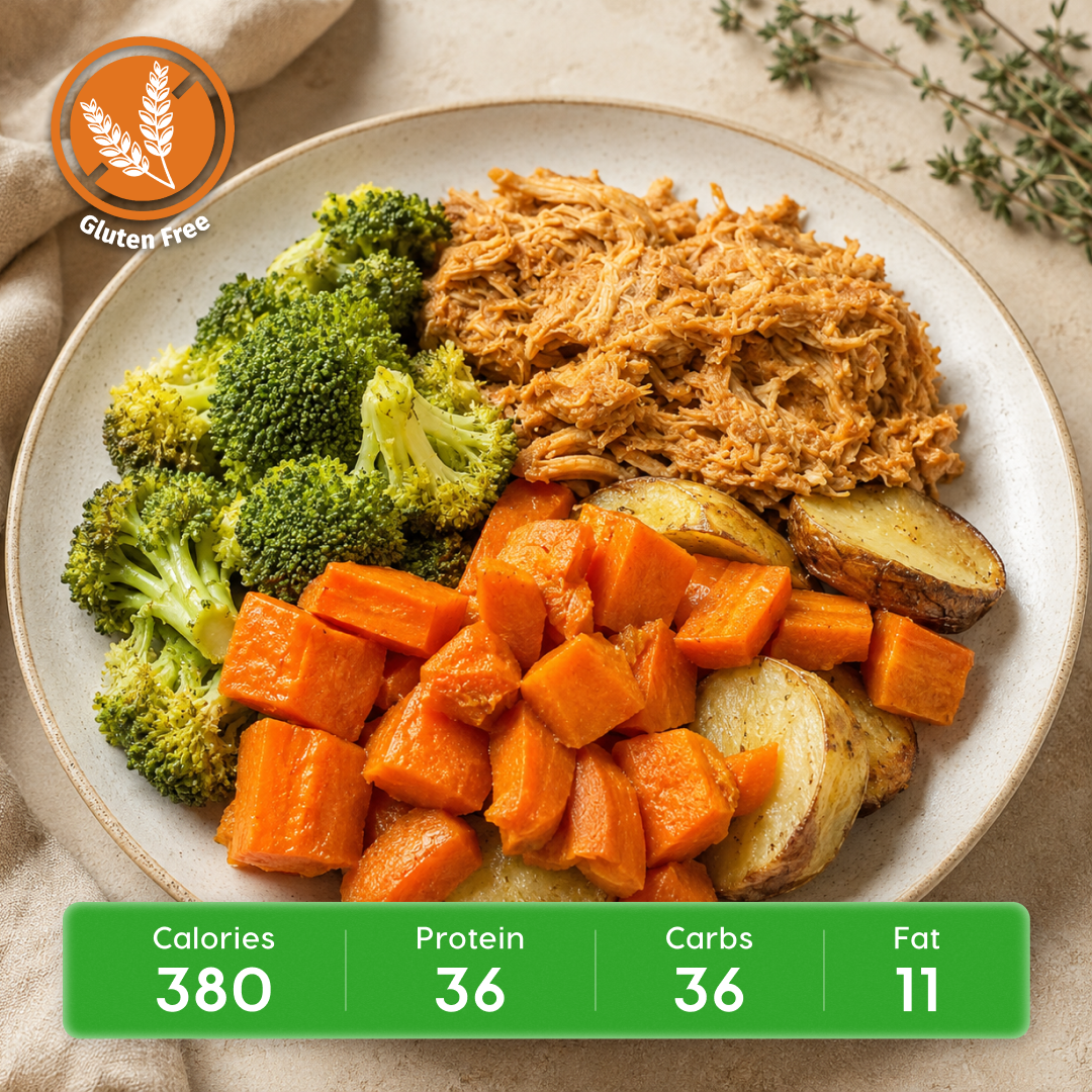 BBQ Shredded Chicken with Baked Russet Potato & Broccoli