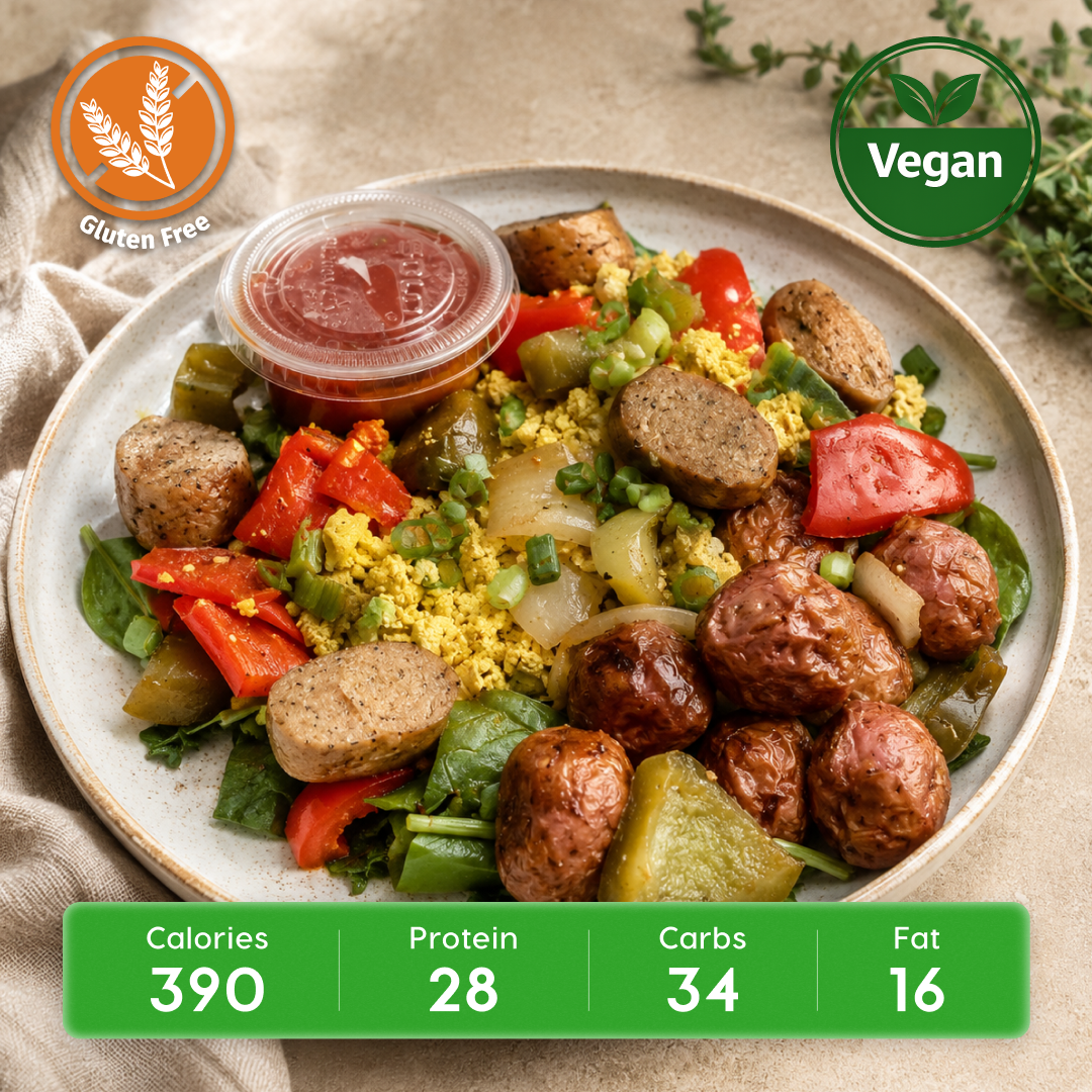 Vegan Power Protein Bowl with Tofu Scramble and Plant-Based Sausage & Roasted Potatoes