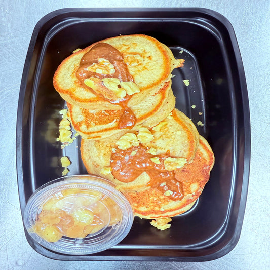 Banana Nut Protein Pancakes with Maple Almond Butter Drizzle