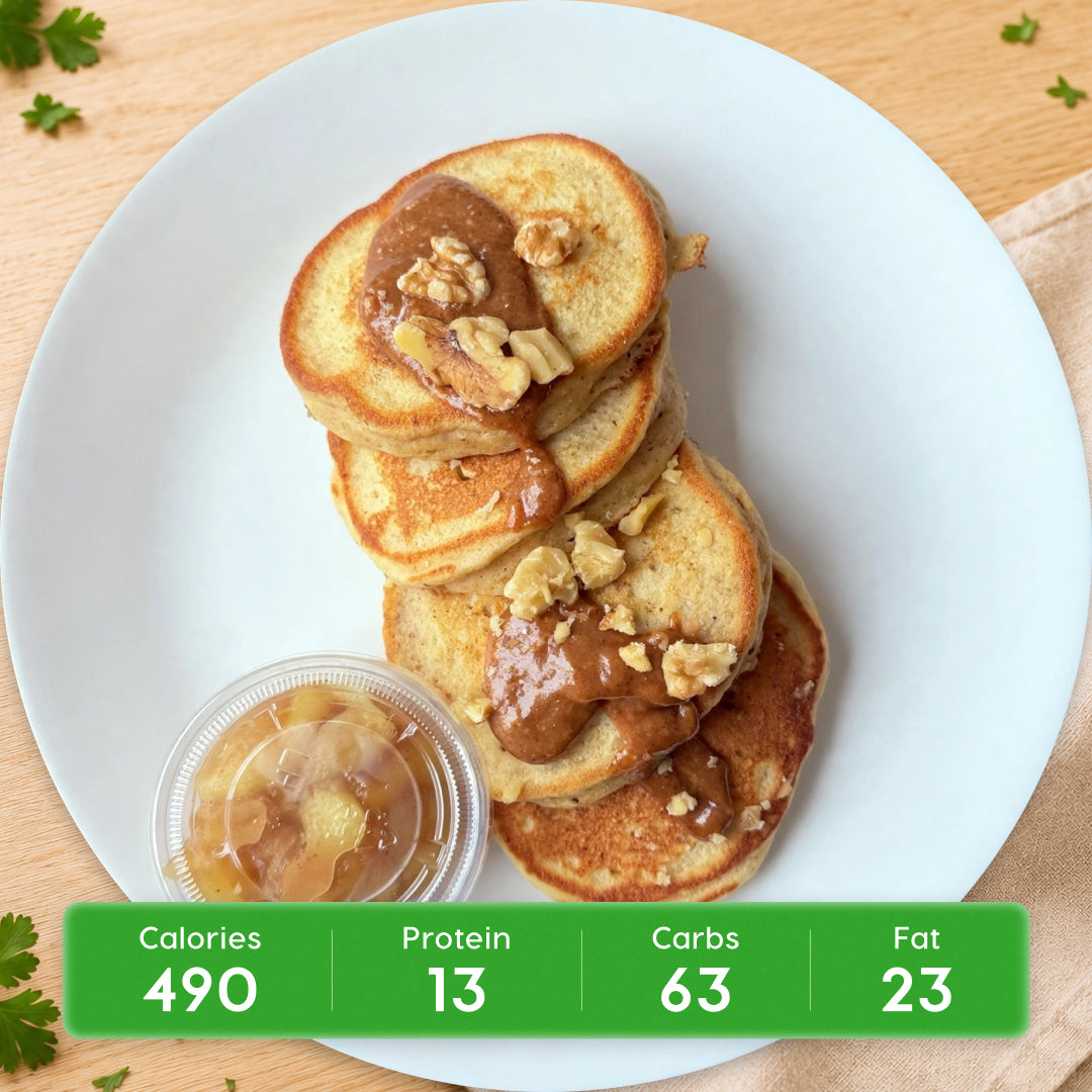 Banana Nut Protein Pancakes with Maple Almond Butter Drizzle