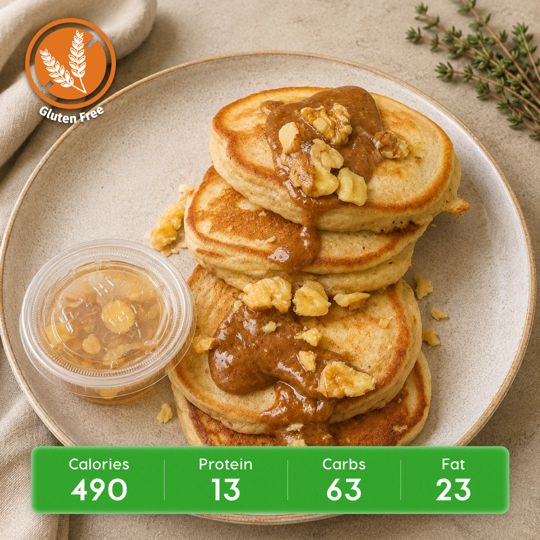 Banana Nut Protein Pancakes with Maple Almond Butter Drizzle