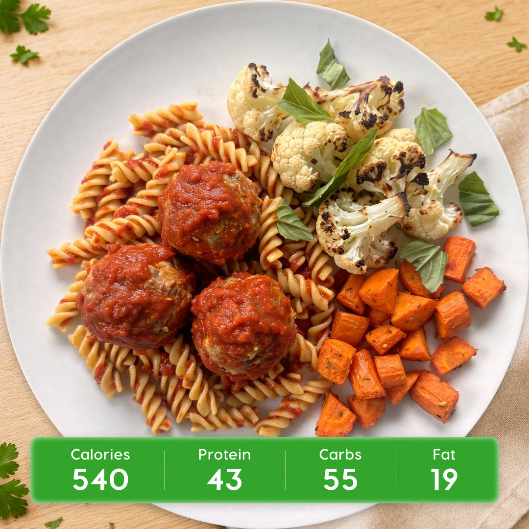 Basil Blaze Chicken Marinara Meatball Bowl with GF Chickpea Pasta