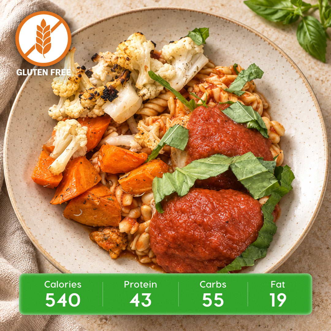 Basil Blaze Chicken Marinara Meatball Bowl with GF Chickpea Pasta