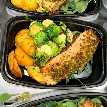 Basil Pesto-Crusted Salmon with Herb-Roasted Potatoes