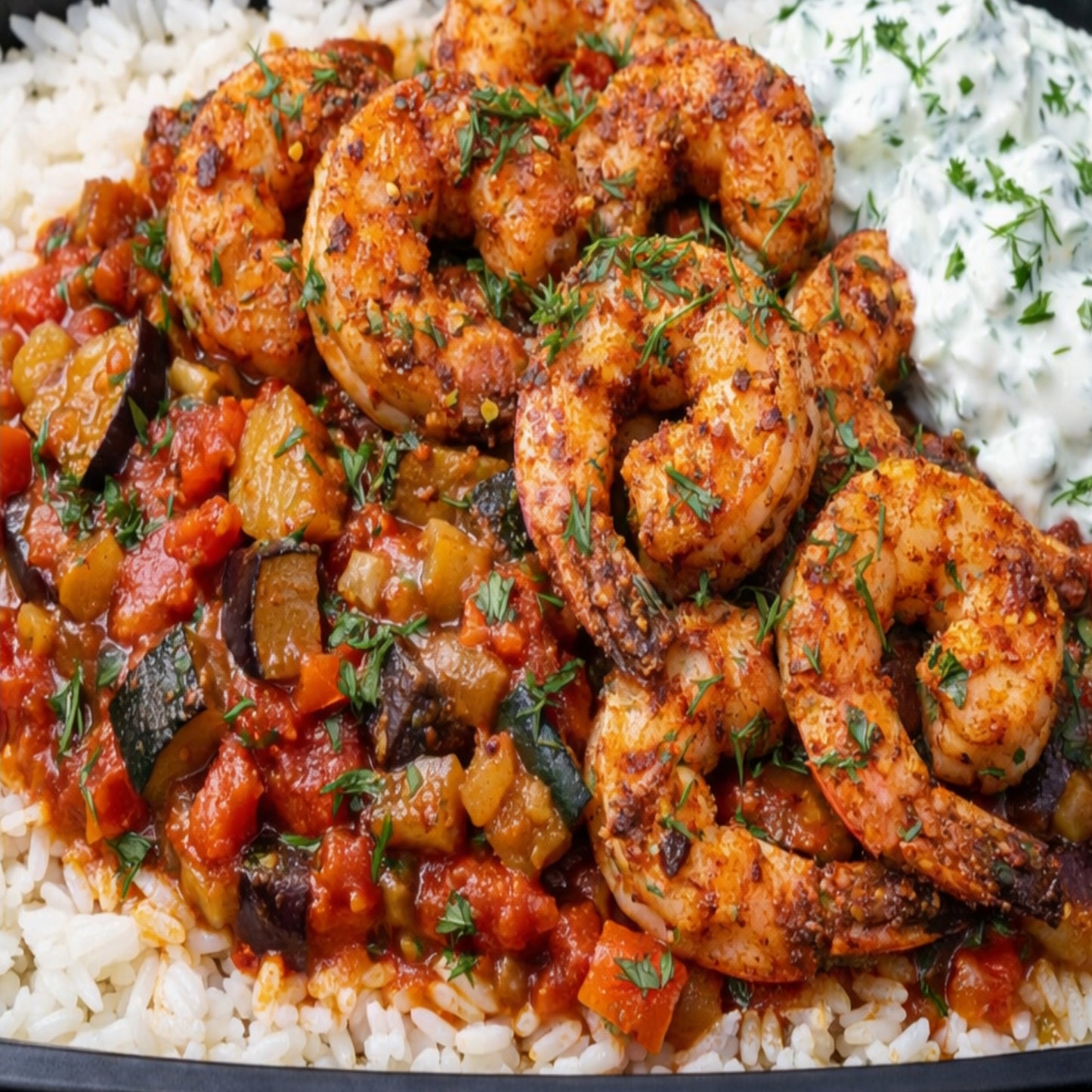 Moroccan Spiced Shrimp with White Rice & Eggplant Stew