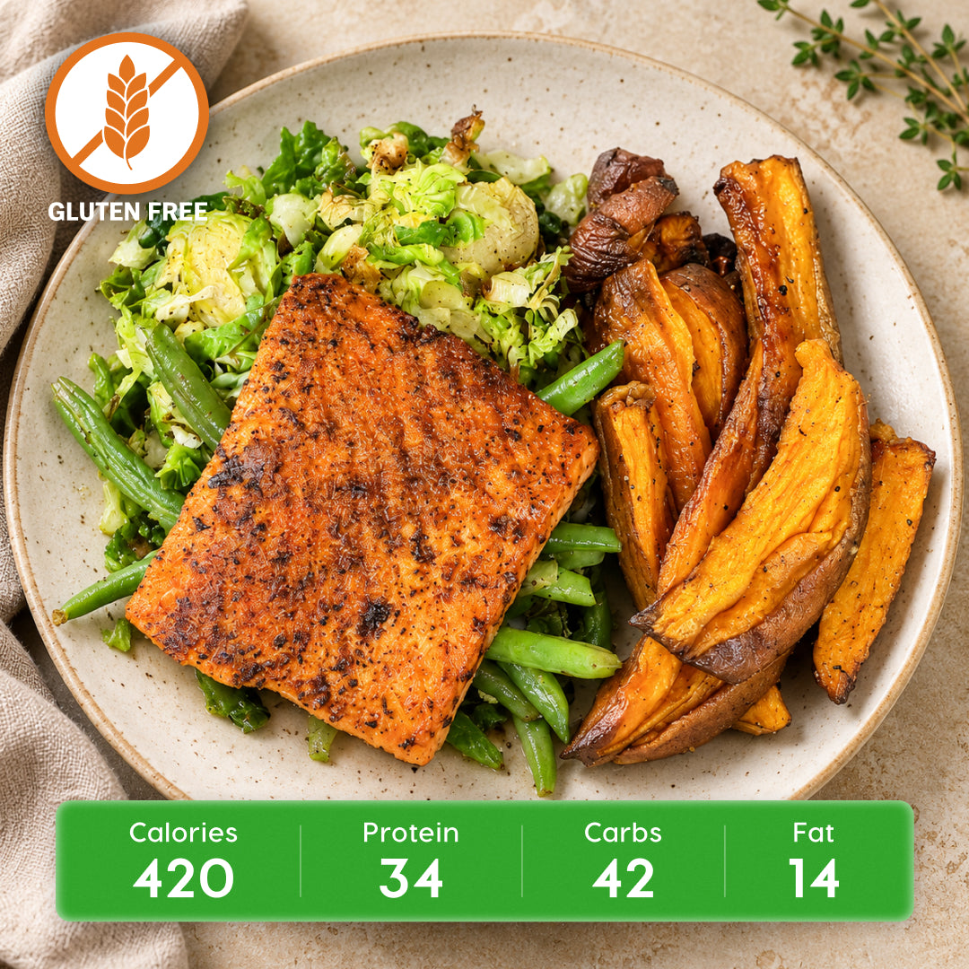 Cajun Blackened Salmon with Roasted Sweet Potatoes & Green Beans