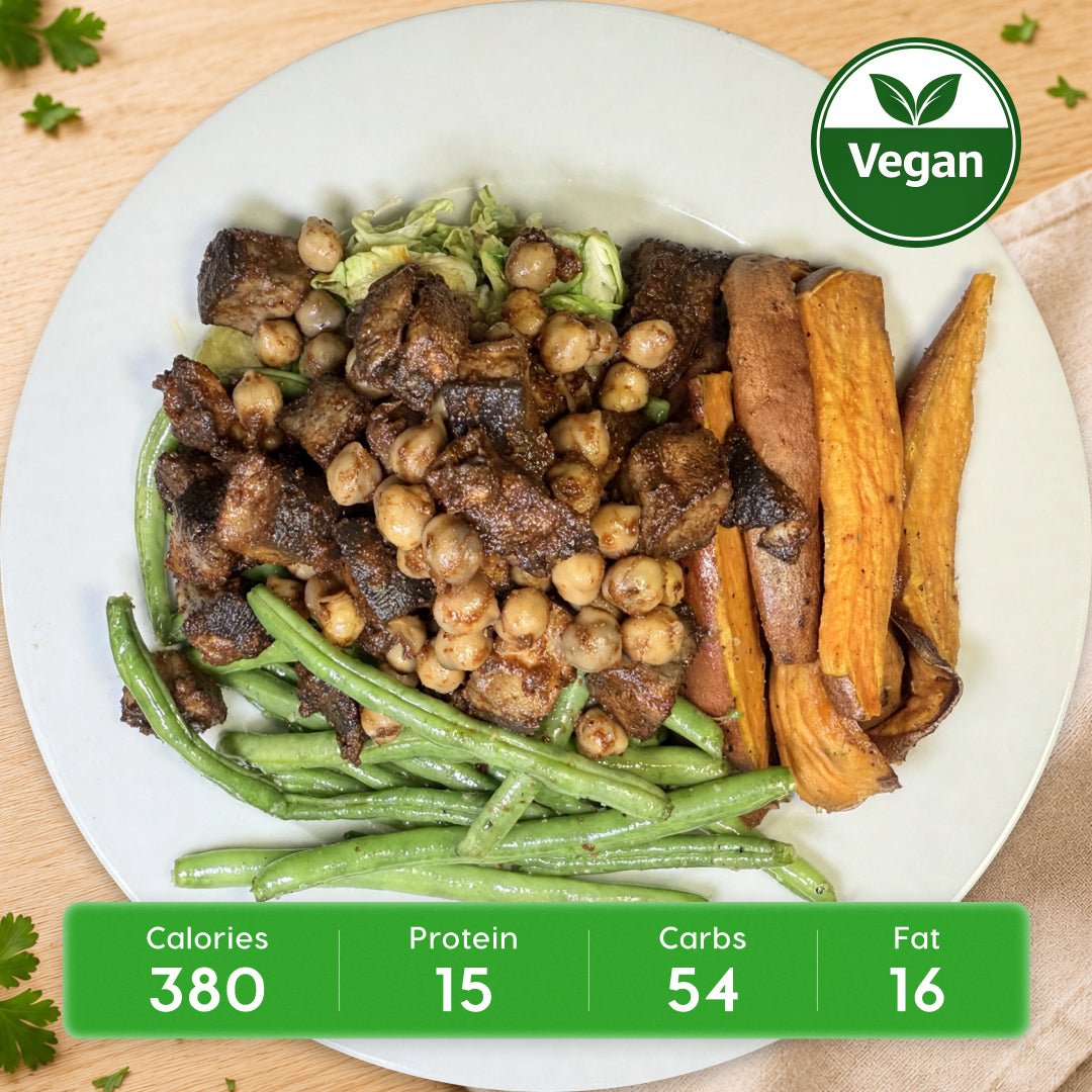 Vegan Cajun Chickpea & Mushroom Power Sauté with Roasted Sweet Potatoes & Green Beans