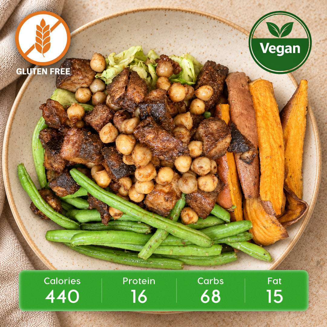 Vegan Cajun Chickpea & Mushroom Power Sauté with Roasted Sweet Potatoes & Green Beans
