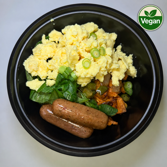 Vegan Sweet Potato & Plant-Based Sausage Skillet with Tofu Scramble & Spinach