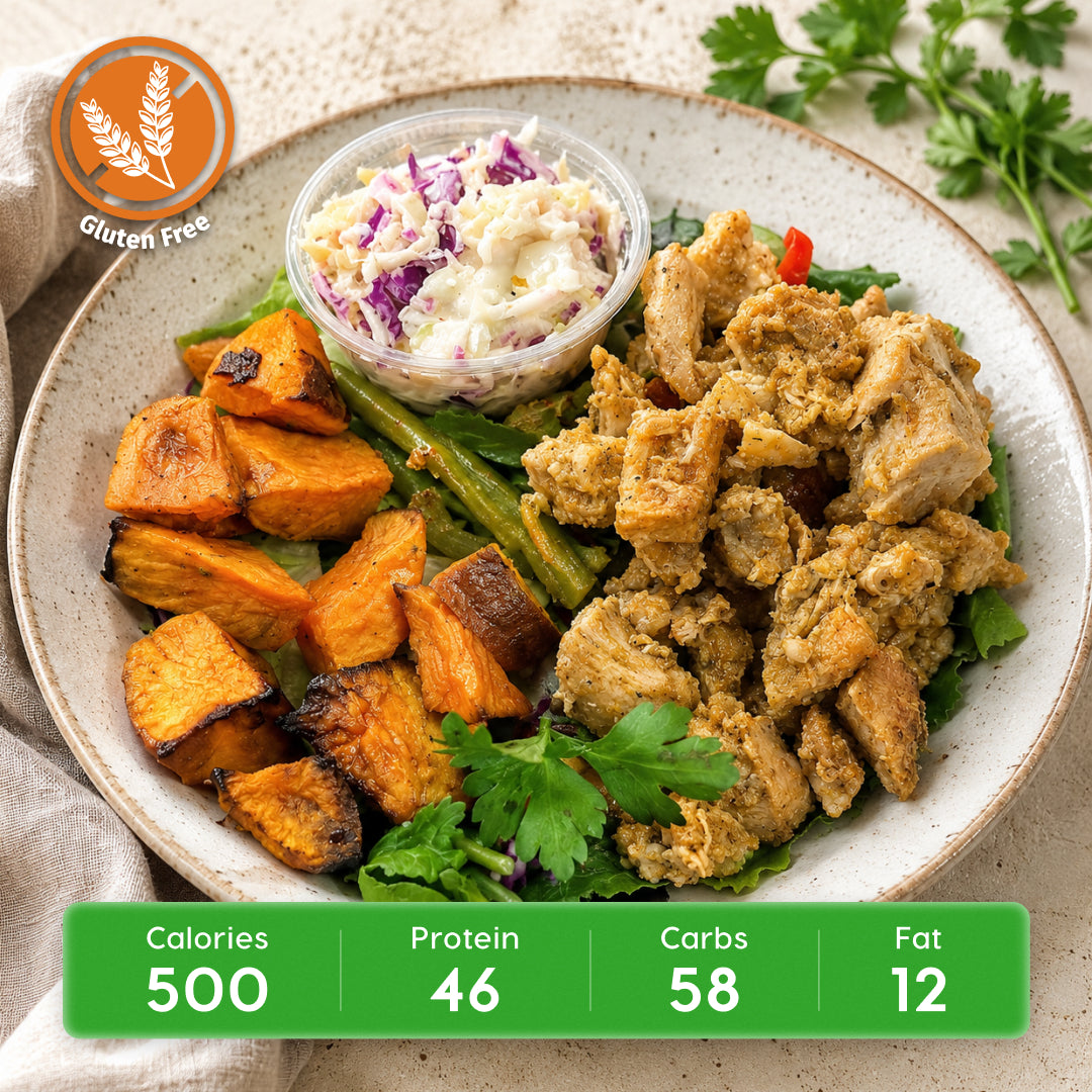 Chipotle Chicken Power Bowl with Roasted Sweet Potato & Crunchy Slaw