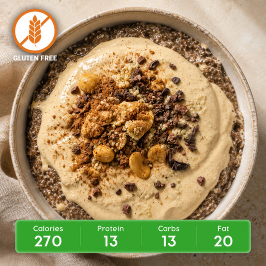 Chocolate Peanut Butter Protein Chia Breakfast Parfait with Crunchy Cacao Nibs