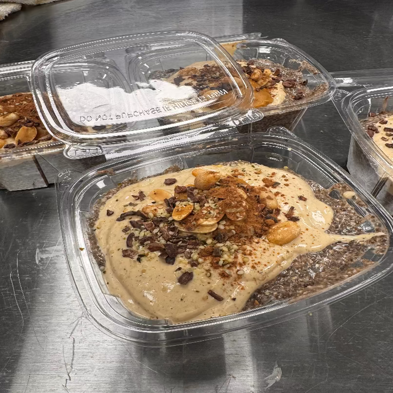 Chocolate Peanut Butter Protein Chia Breakfast Parfait with Crunchy Cacao Nibs