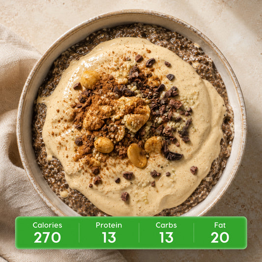 Chocolate Peanut Butter Protein Chia Breakfast Parfait with Crunchy Cacao Nibs