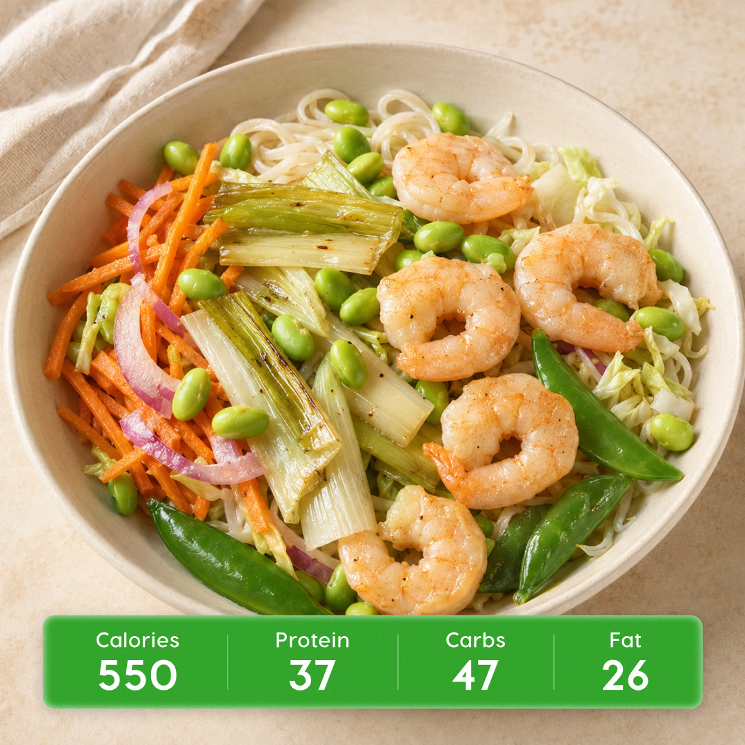 Coconut Lemongrass Shrimp with Snow Peas & Chickpea Pasta