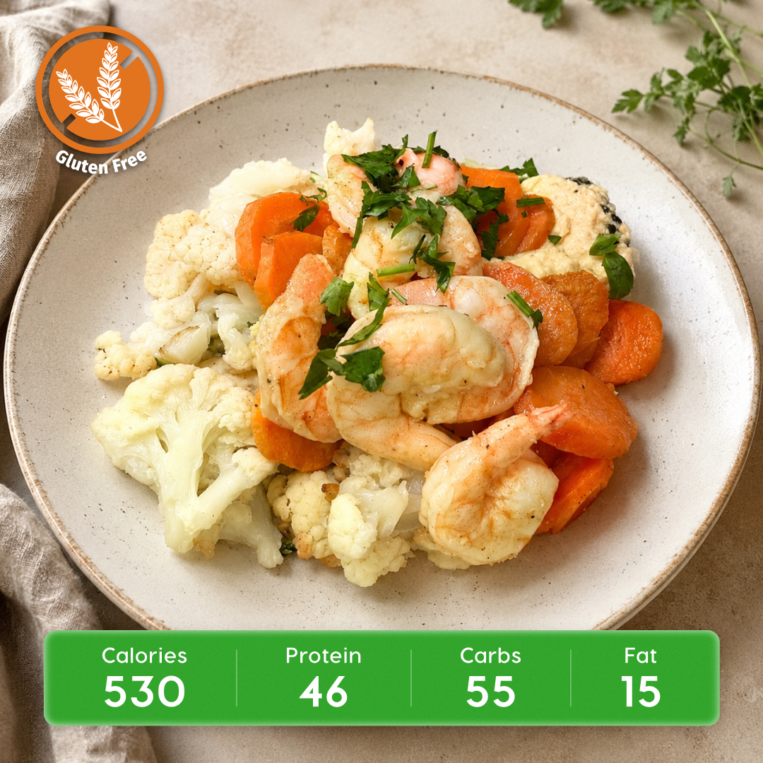 Creamy Coconut Alfredo Protein Pasta with Shrimp & Roasted Veggies