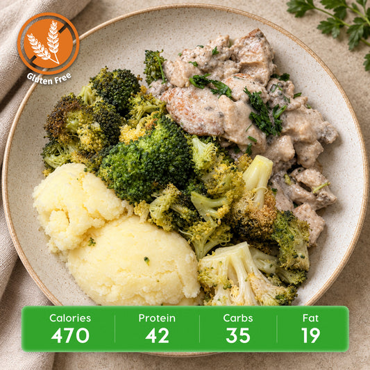 Creamy Mushroom Garlic Chicken with mashed potatoes & roasted broccoli