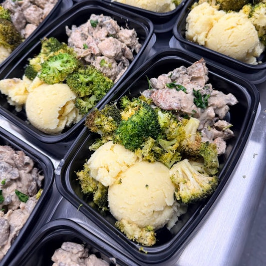 Creamy Mushroom Garlic Chicken with mashed potatoes & roasted broccoli