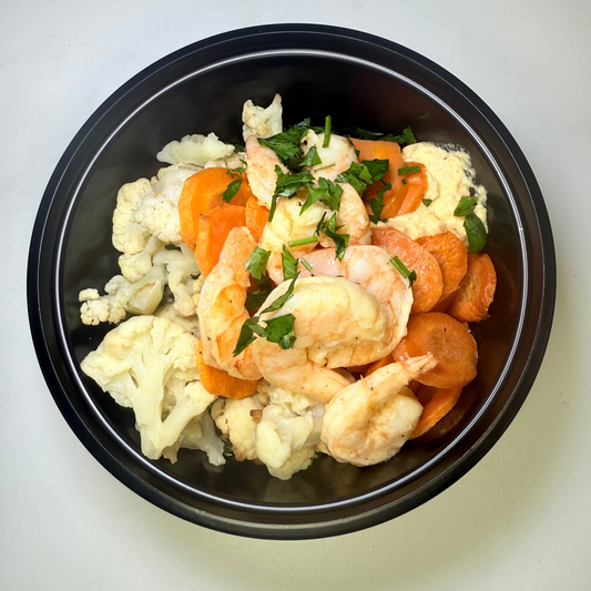 Creamy Coconut Alfredo Protein Pasta with Shrimp & Roasted Veggies