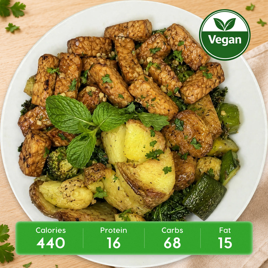Vegan Garlic Butter Tempeh Power Plate with Roasted Potatoes & Veggies