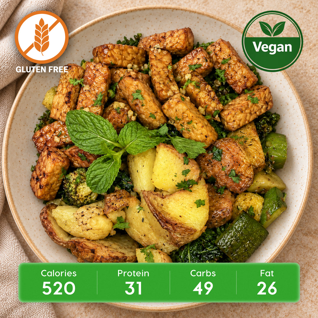 Vegan Garlic Butter Tempeh Power Plate with Roasted Potatoes & Veggies