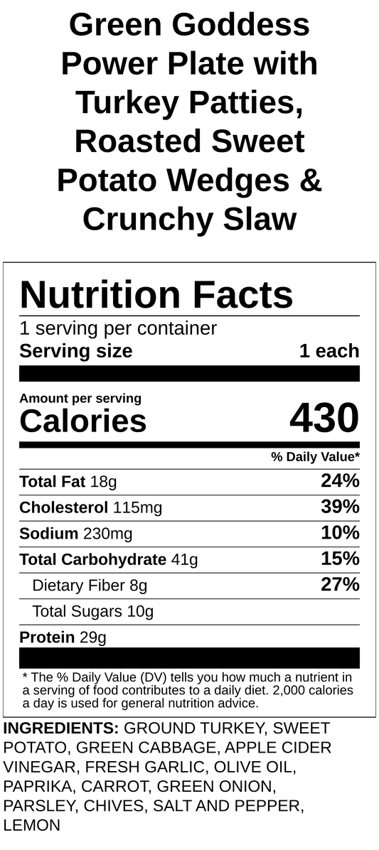 Green Goddess Power Plate with Turkey Patties, Roasted Sweet Potato Wedges & Crunchy Slaw