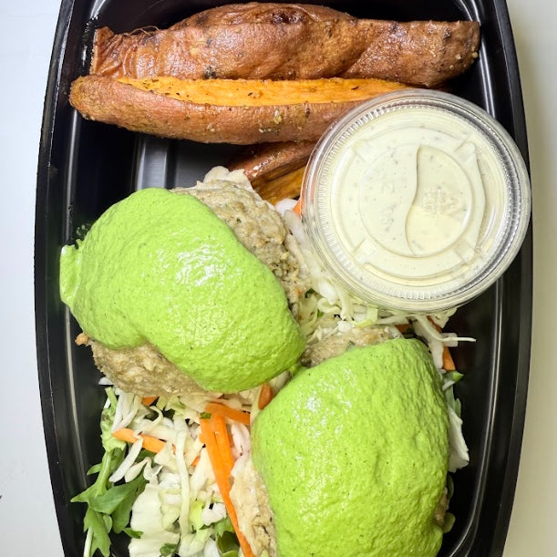 Green Goddess Power Plate with Turkey Patties, Roasted Sweet Potato Wedges & Crunchy Slaw