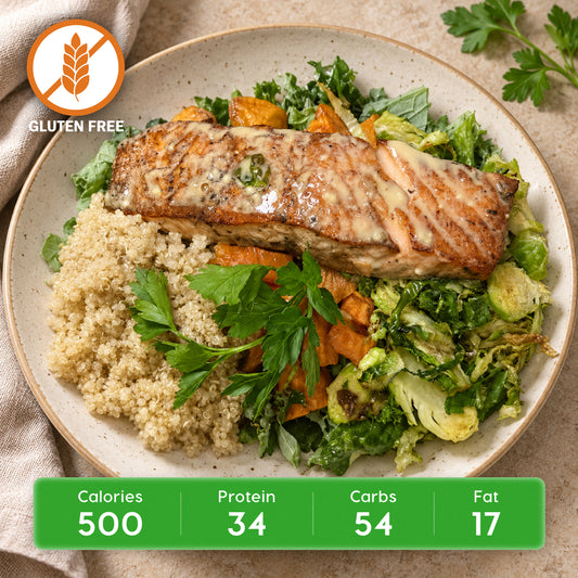 Harvest Salmon Bowl with Quinoa, Sweet Potato, Brussels Sprouts & Maple Tahini Drizzle