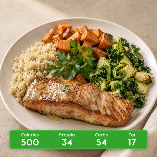 Harvest Salmon Bowl with Quinoa, Sweet Potato, Brussels Sprouts & Maple Tahini Drizzle