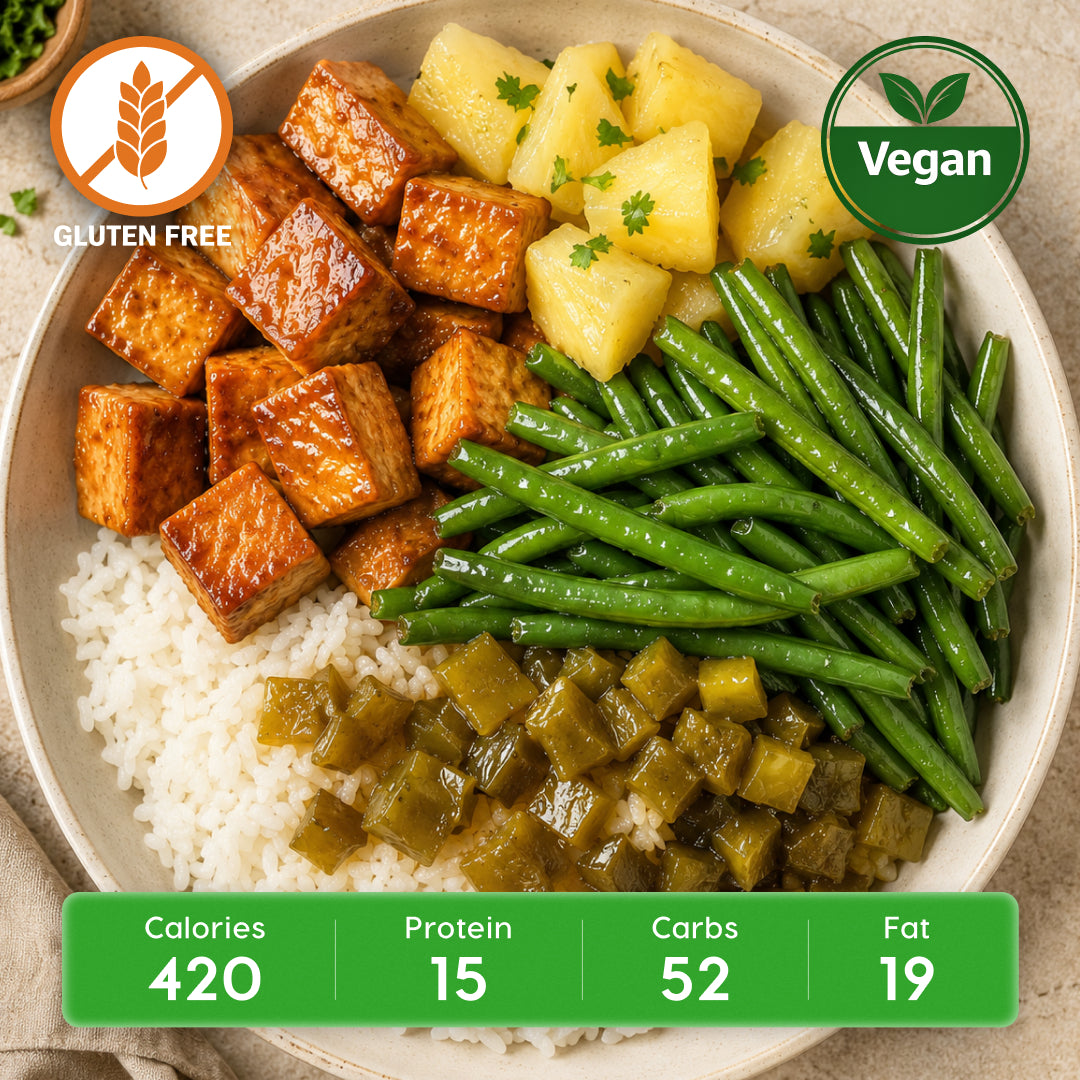 Vegan Hawaiian Teriyaki Tofu with Pineapple, Basmati Rice & Green Beans