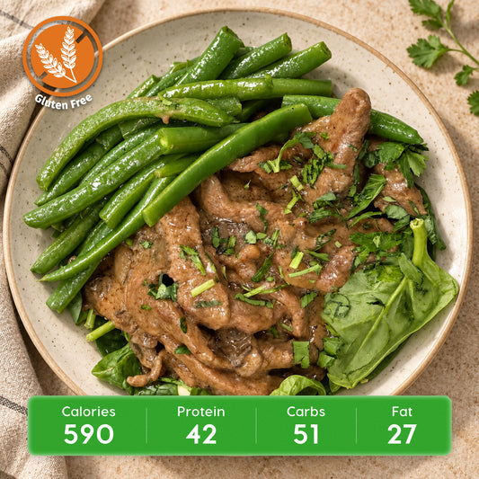 Lean Beef Stroganoff with Herb Gluten-Free Fusilli Pasta & Green Beans