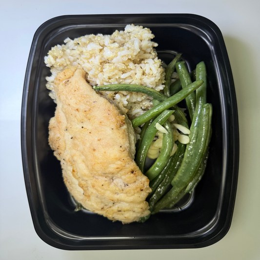 Lemon-Pepper Herb Crusted Chicken with toasted almonds brown rice mix & green beans
