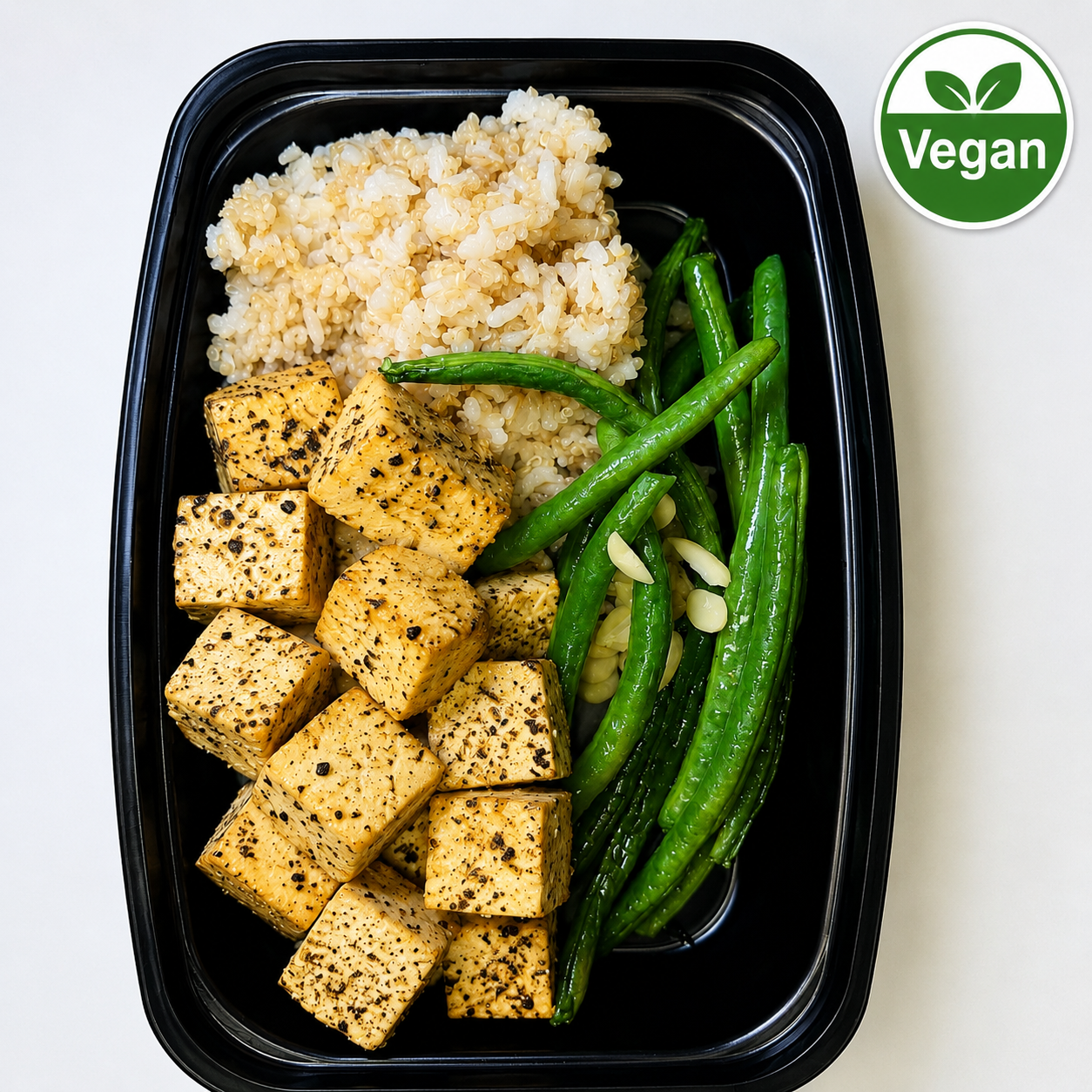 Vegan Lemon-Pepper Tofu, Brown Rice & Green Beans