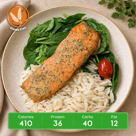Lemon Herb Baked Wild Salmon with GF Orzo & Sautéed Spinach