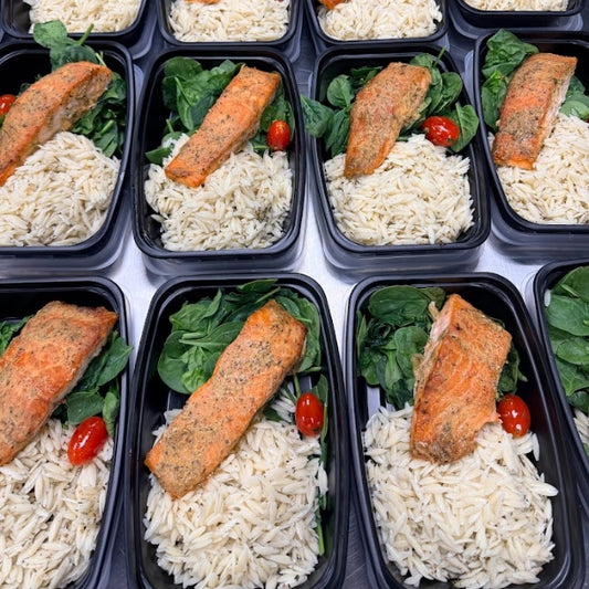 Lemon Herb Baked Wild Salmon with GF Orzo & Sautéed Spinach