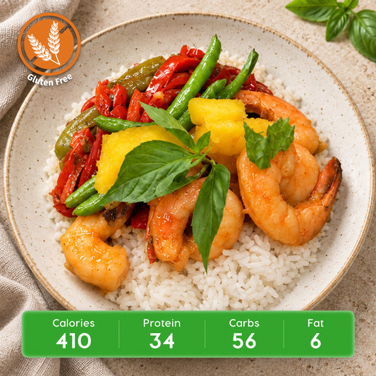 Mango Chili Shrimp Bowl with Coconut Jasmine Rice & Peppers