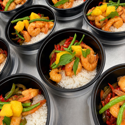 Mango Chili Shrimp Bowl with Coconut Jasmine Rice & Peppers