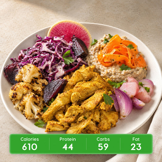 Mediterranean Shawarma Chicken Feast with Quinoa Hummus & Roasted Radishes