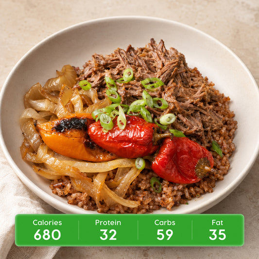 Mexican Shredded Beef with Mexican Red Rice and Roasted Peppers & Onions