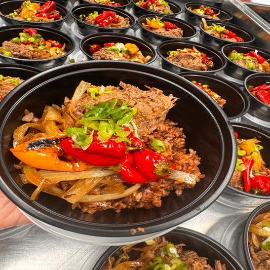 Mexican Shredded Beef with Mexican Red Rice and Roasted Peppers & Onions
