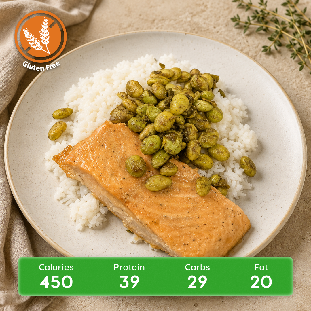 Miso Salmon with Jasmin Rice and Edamame