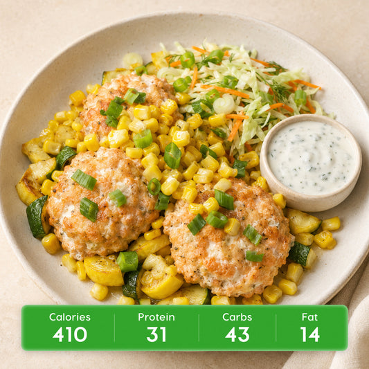 Norwegian Wild Salmon Cakes with Roasted Potatoes and Cole Slaw