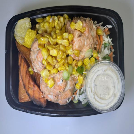 Norwegian Wild Salmon Cakes with Roasted Potatoes and Corn