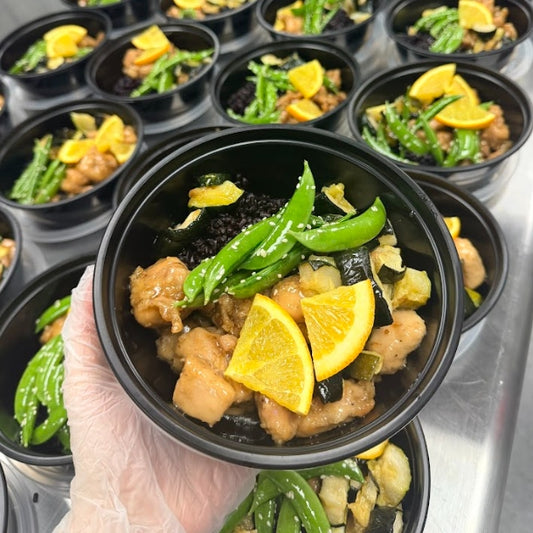 Orange-Sesame Chicken with Black Rice and Snow Peas