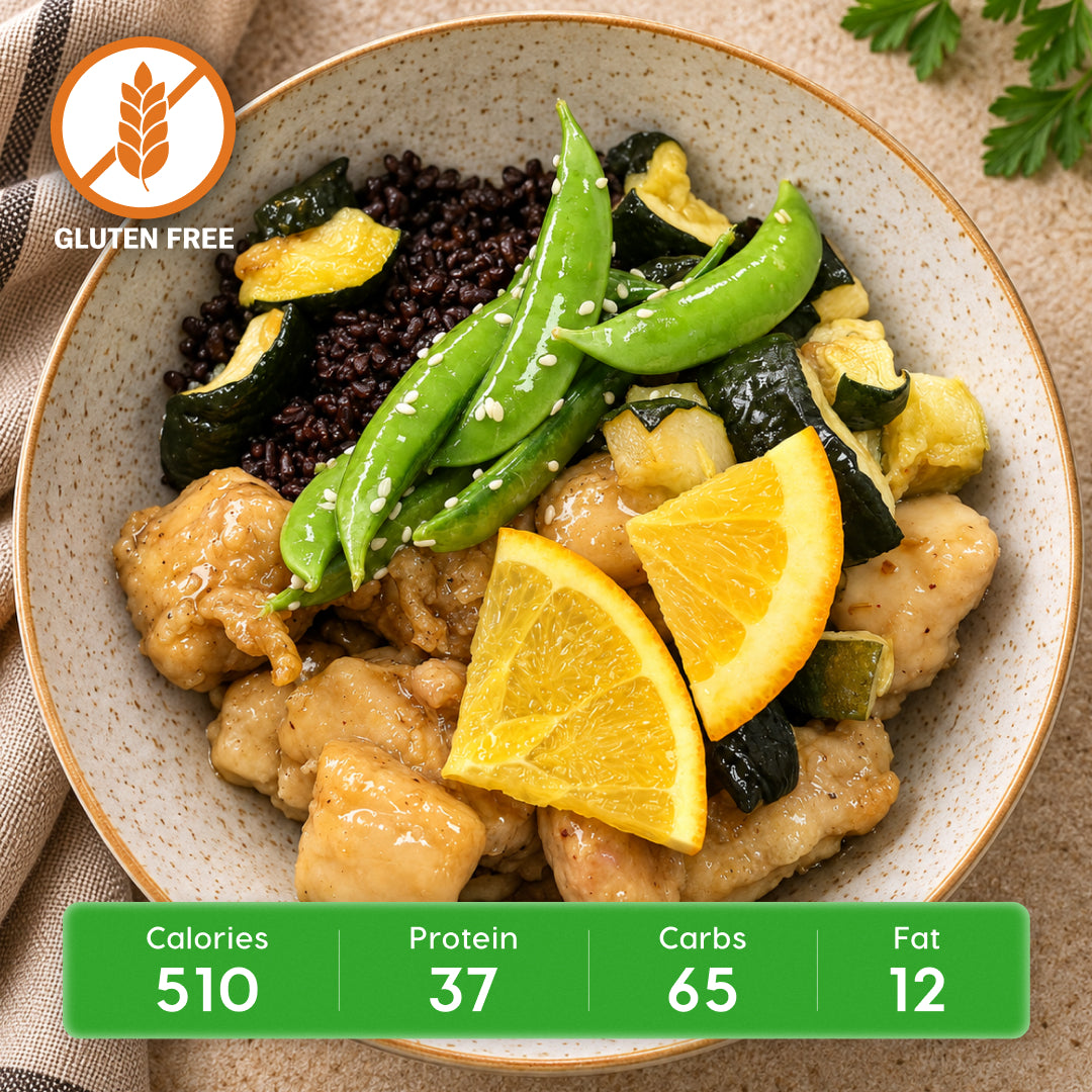Orange-Sesame Chicken with Black Rice and Snow Peas