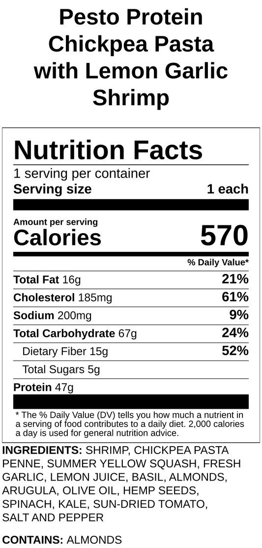 Pesto Protein Chickpea Pasta with Lemon Garlic Shrimp