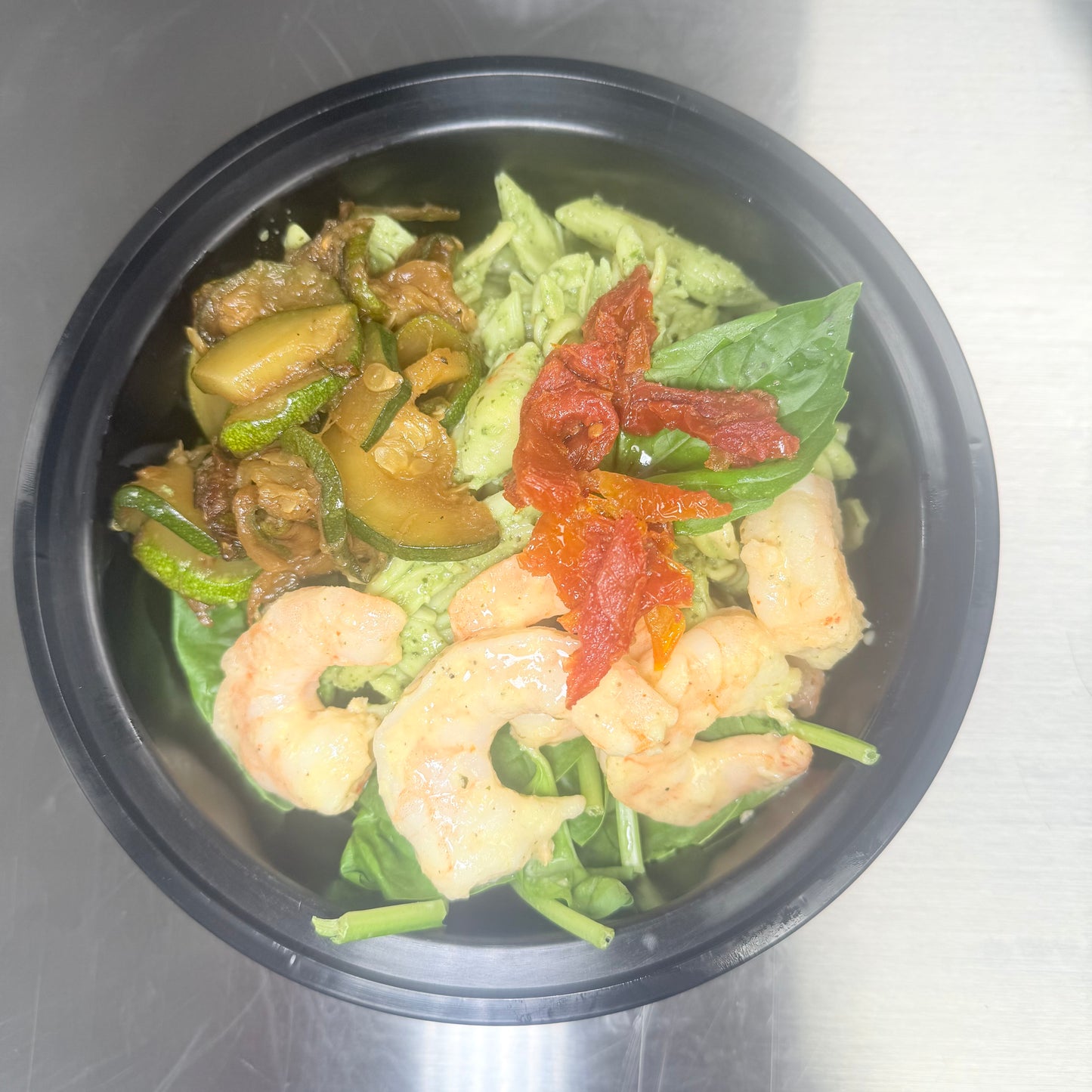 Pesto Protein Chickpea Pasta with Lemon Garlic Shrimp